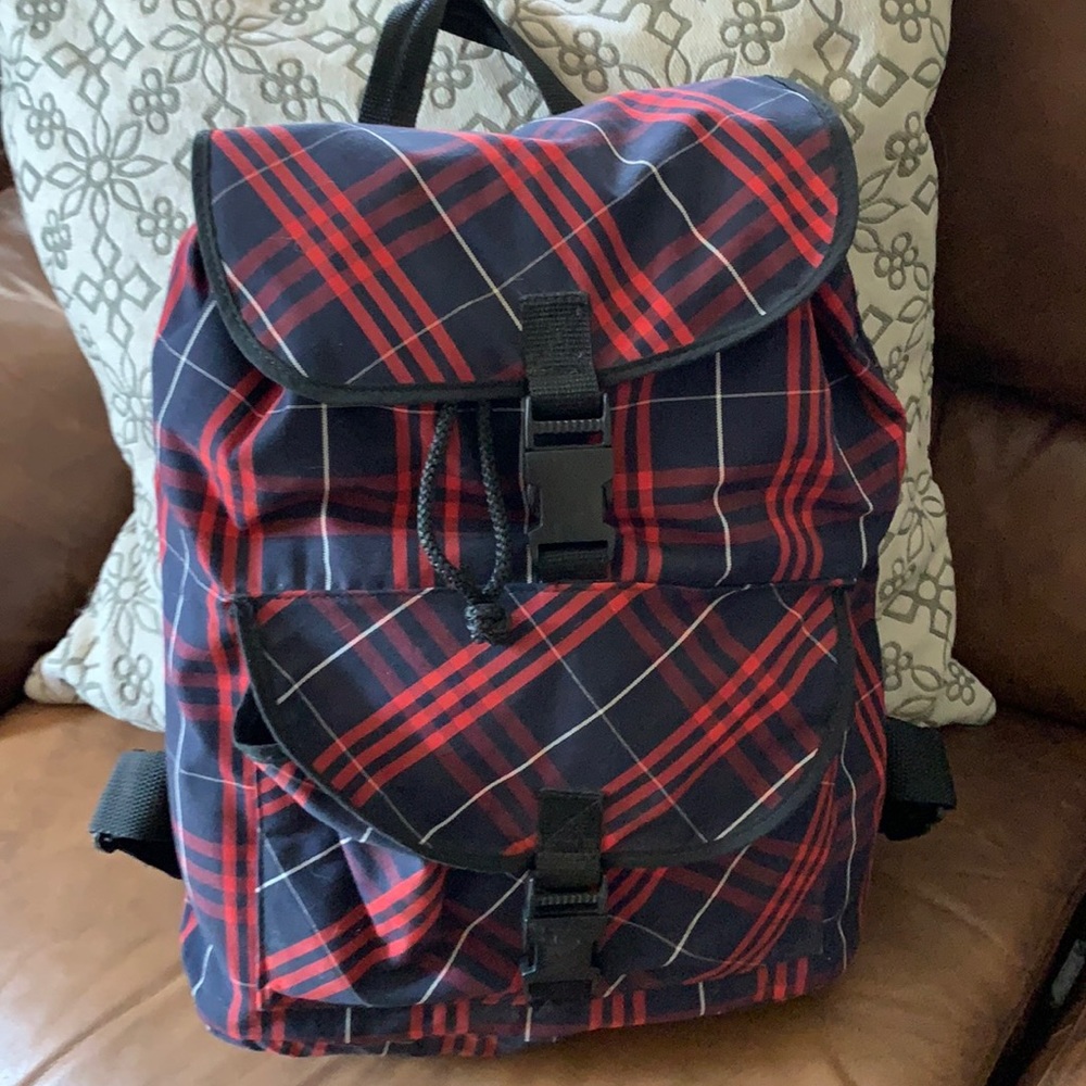 Plaid red & navy backpack
